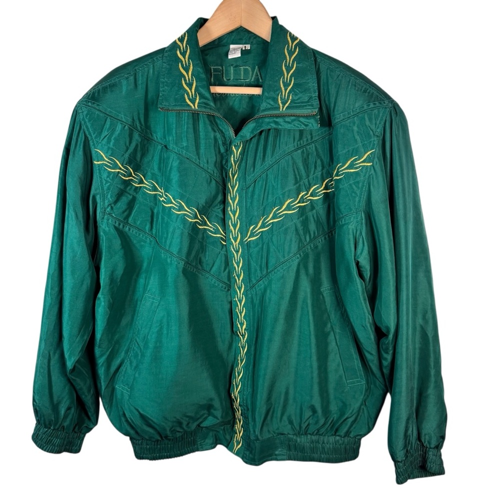Fuda International VTG Emerald Green Silk Bomber Jacket Large Gold Embroidery